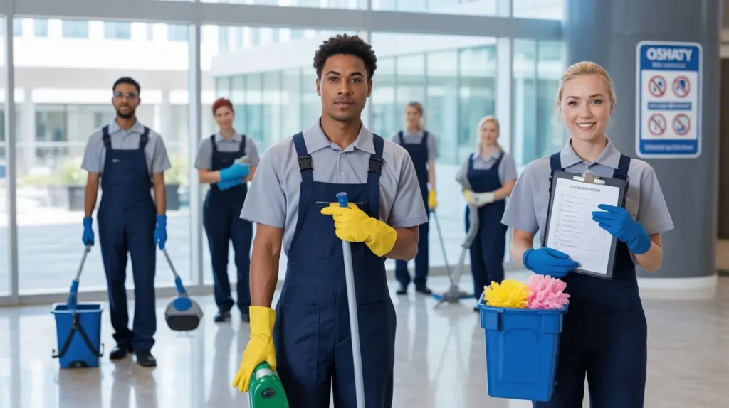 A team of professional cleaners providing custodial services in a commercial building.